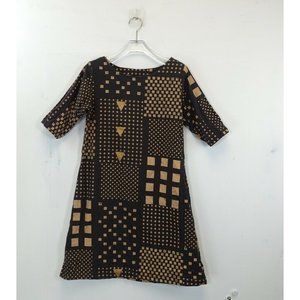 UTSA Dress Cotton Brown Beige Shift Mini MEDIUM Short‎ Sleeve Geometric Boho